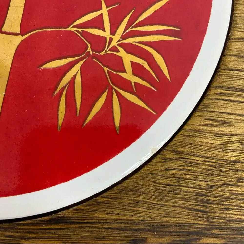Fred Press | MCM Red & Gold Bamboo Ceramic Inlay Cheese Board Serving Tray
